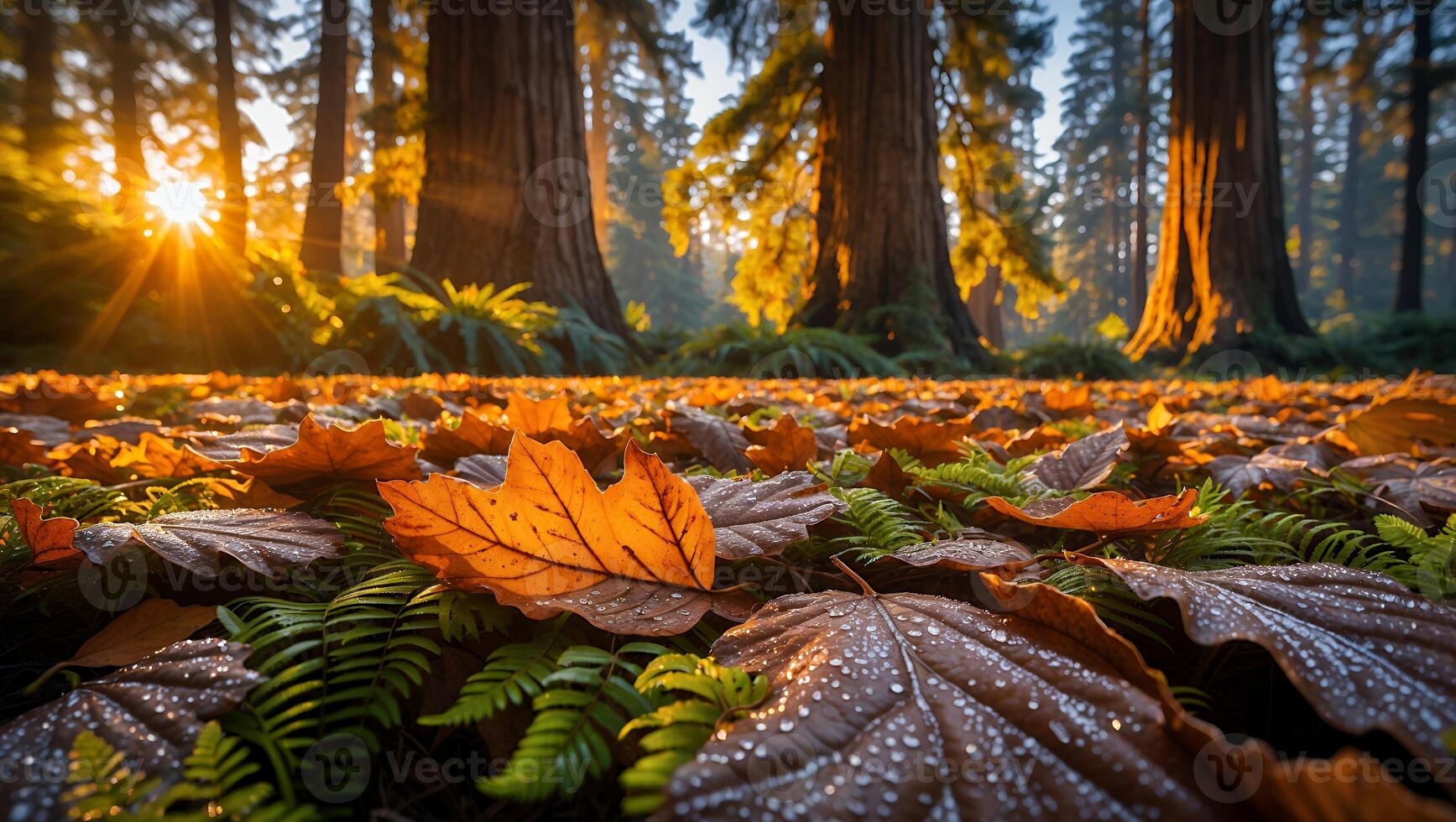 Forest Floor Covered in Autumn Leaves with Sunlight Streaming Through Trees photo