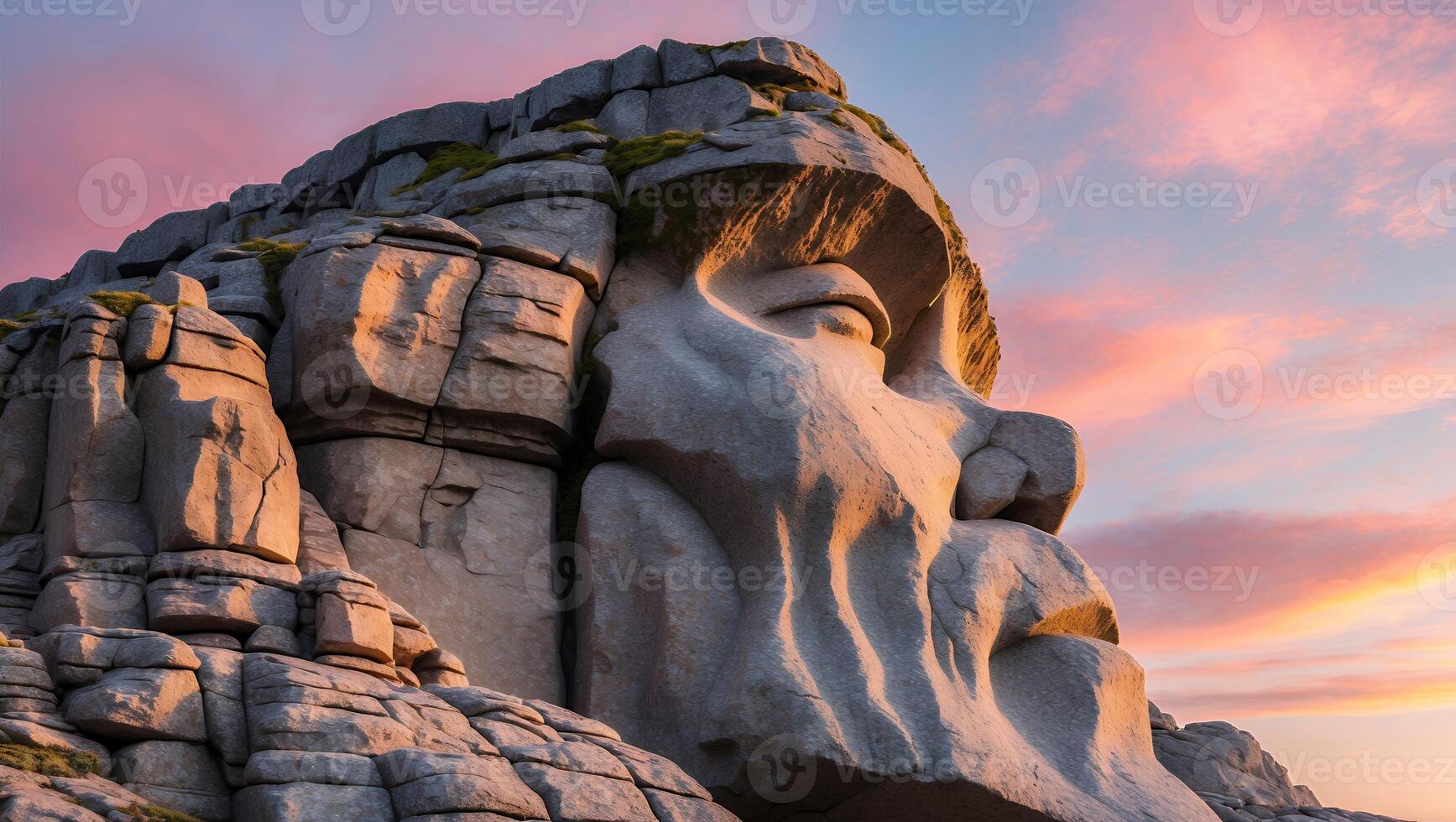 Stone Face Mountain Formation at Sunset with Pink and Orange Sky photo