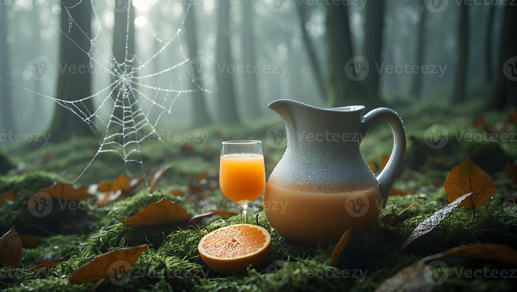 Pouring Orange Juice in Forest Setting with Moss and Cobweb photo