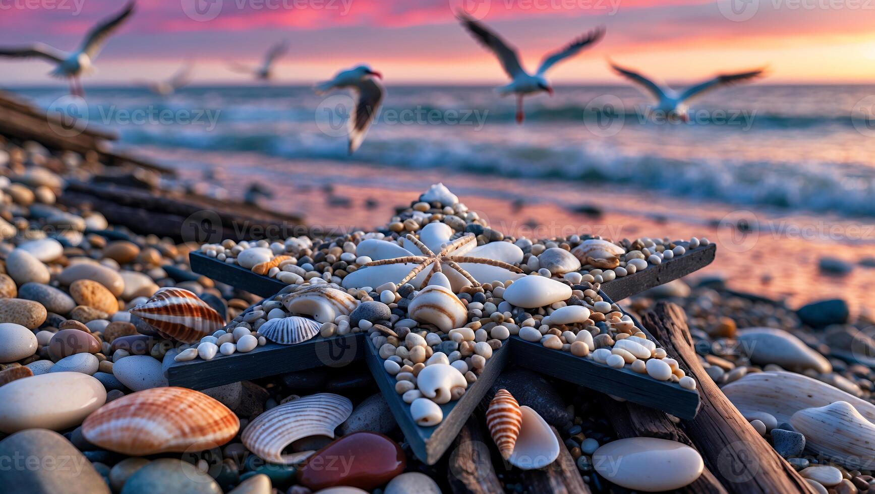 Seashell Star Decor on Pebble Beach with Birds at Sunset photo