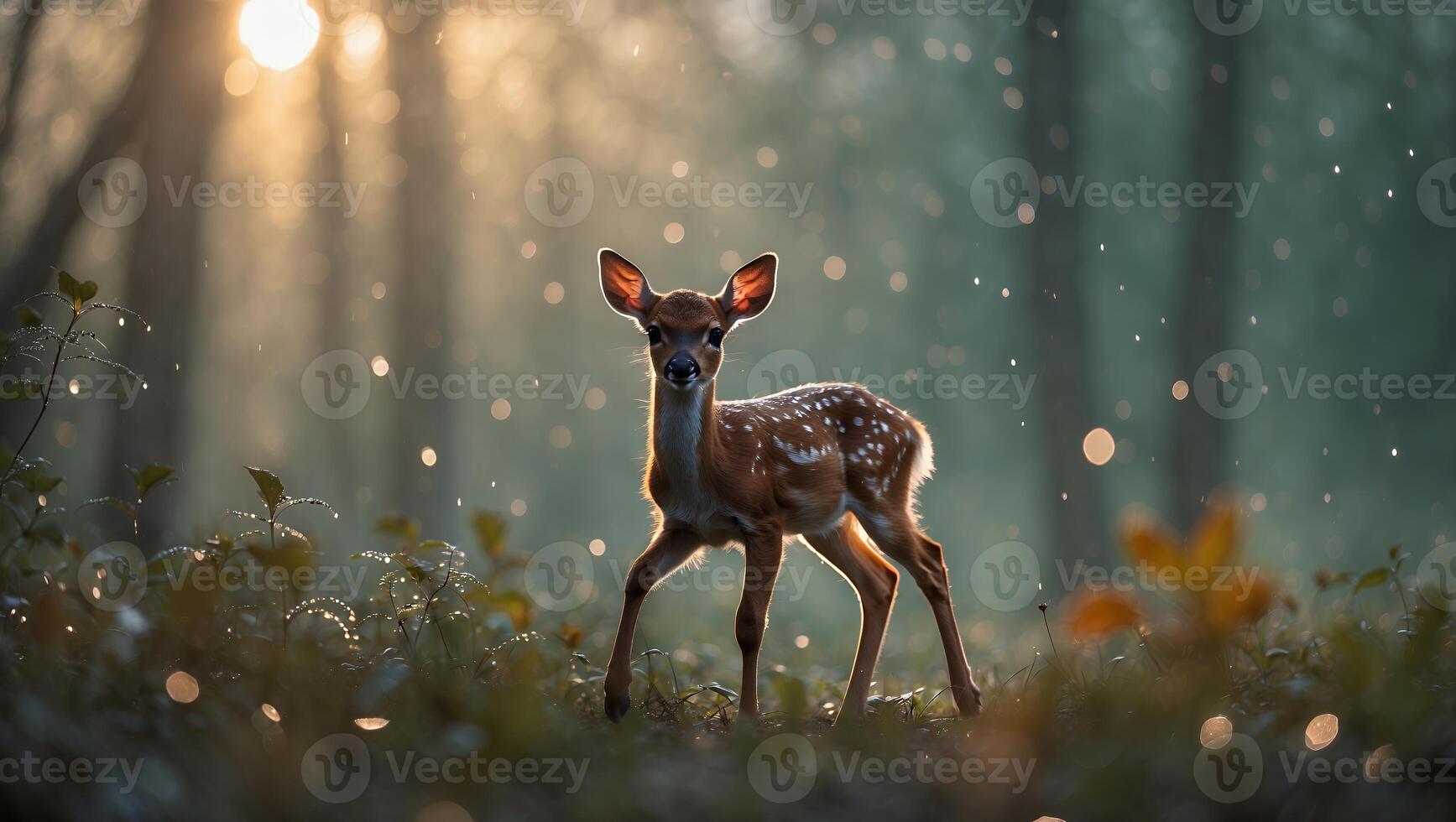 Fawn Standing in Forest Glade with Sunlight Streaming Through the Trees photo