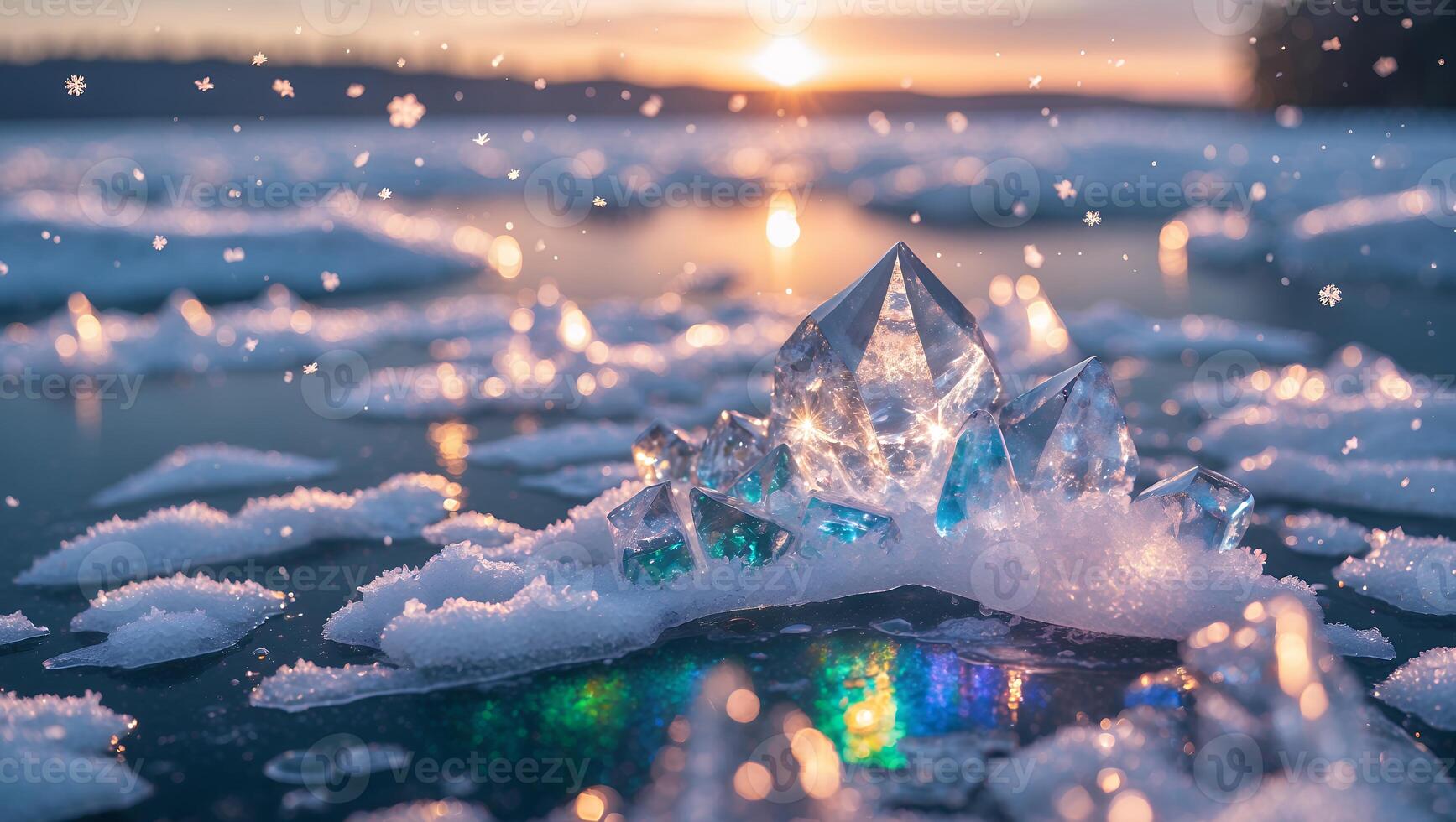 Crystals on Frozen Lake Shimmering with Sunset Light and Snowflakes photo