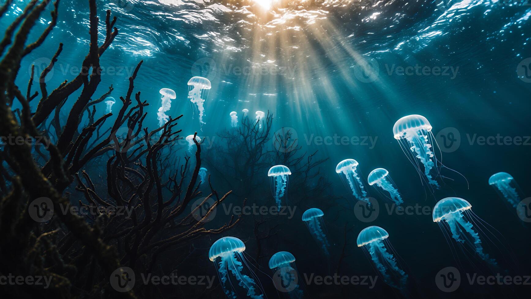 Jellyfish Floating Underwater with Sun Rays in Deep Ocean Scene photo