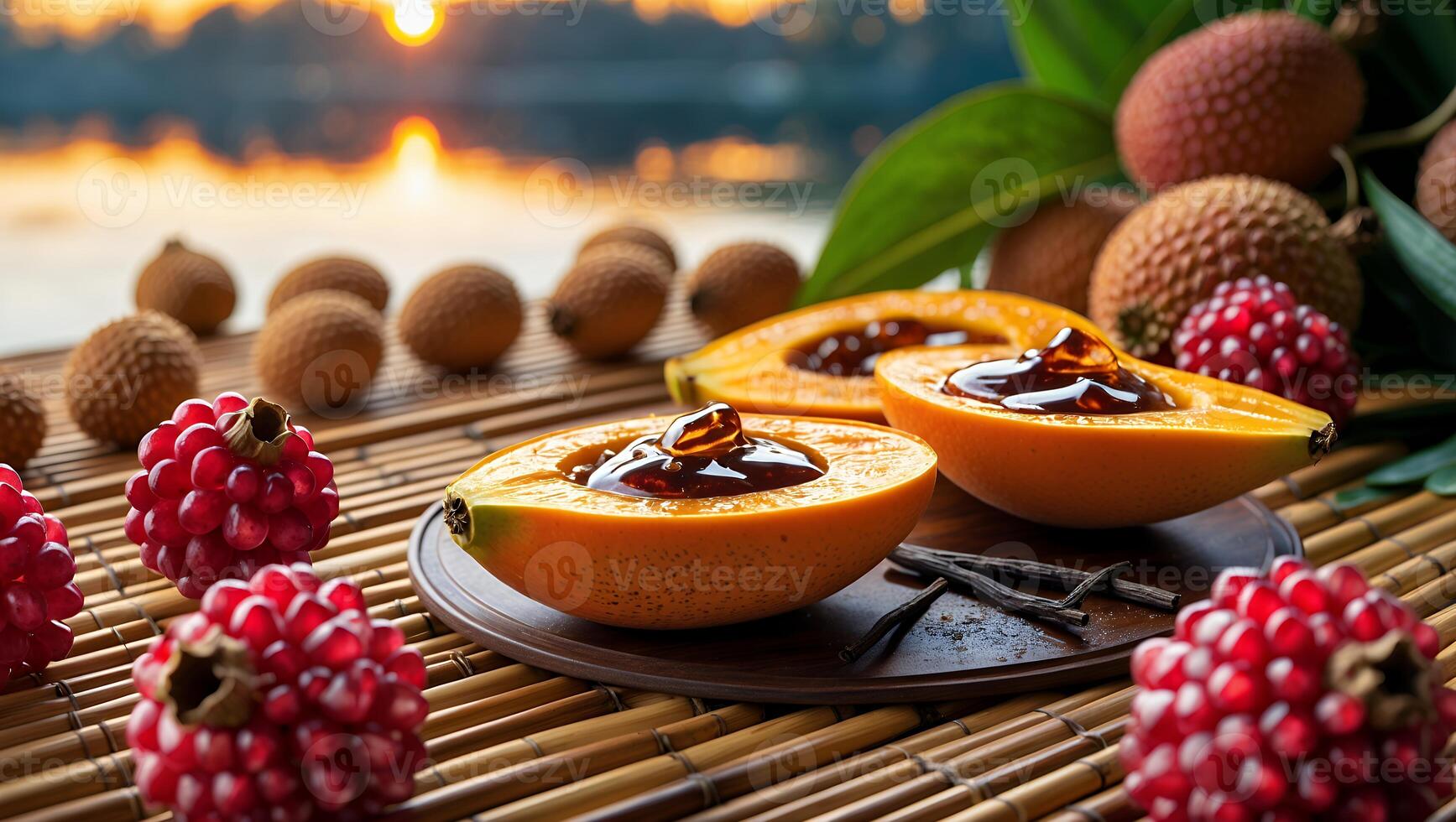 Arrangement of Exotic Fruits with Dark Filling on Bamboo Mat photo