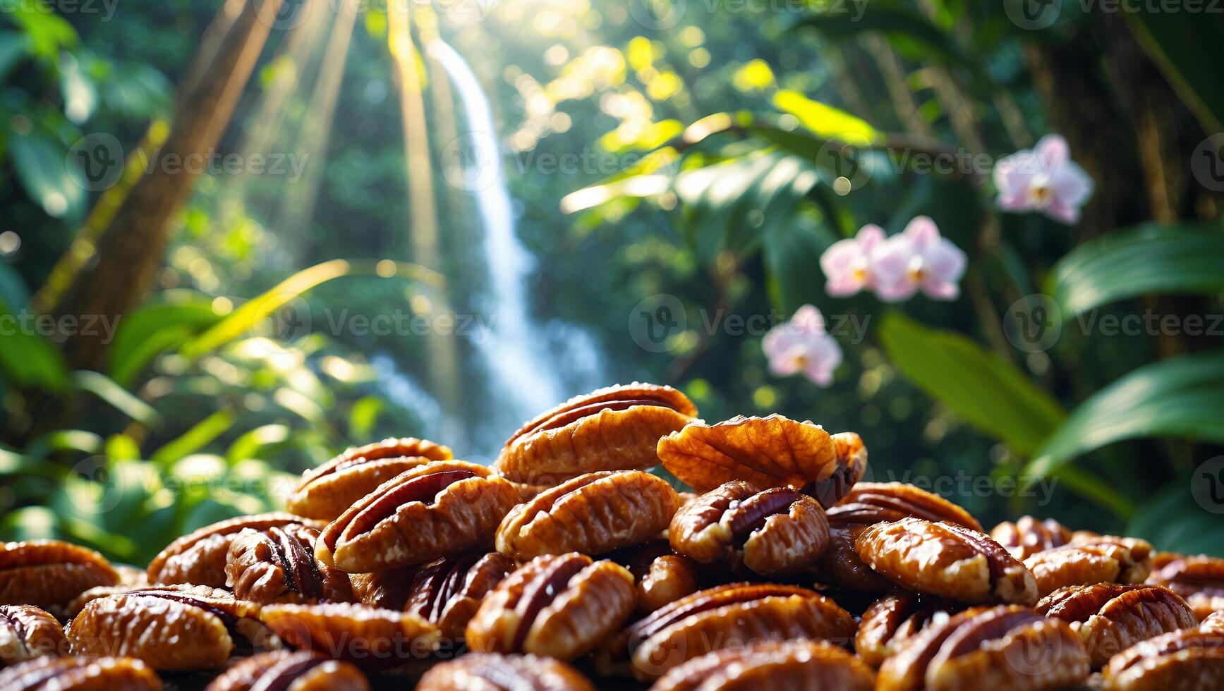 Pile of Pecan Halves in Lush Green Forest with Waterfall photo