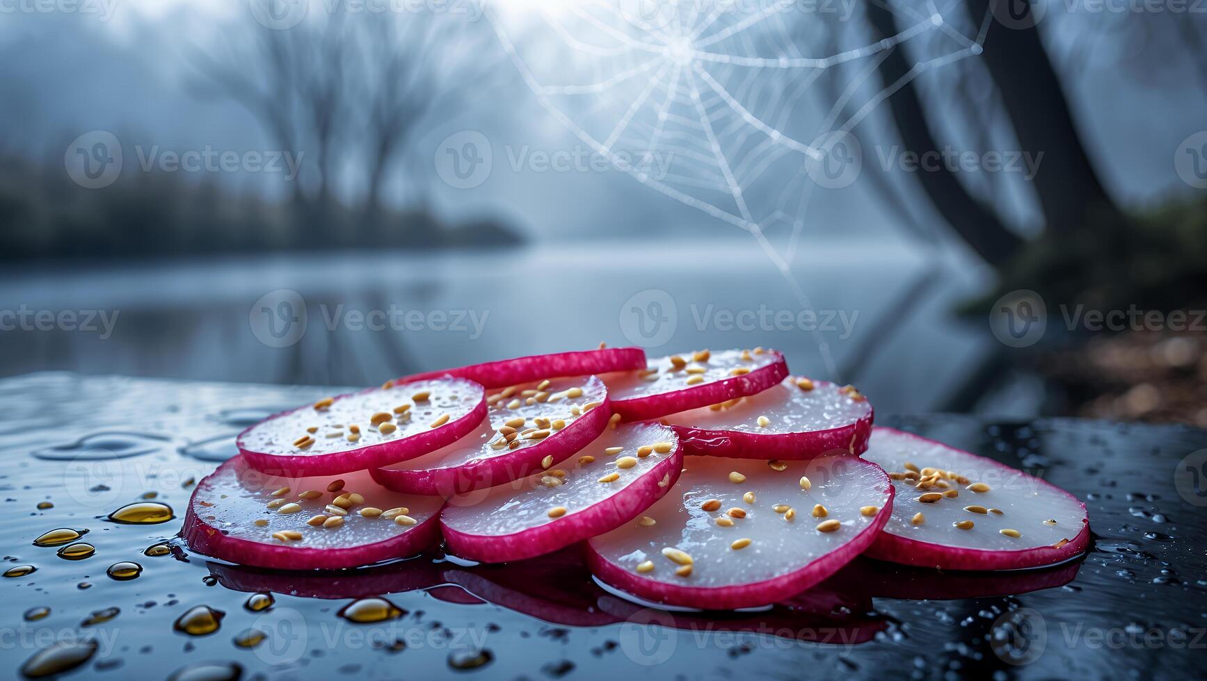 Sliced Radishes with Sesame Seeds on Wet Surface Against Misty Backdrop photo