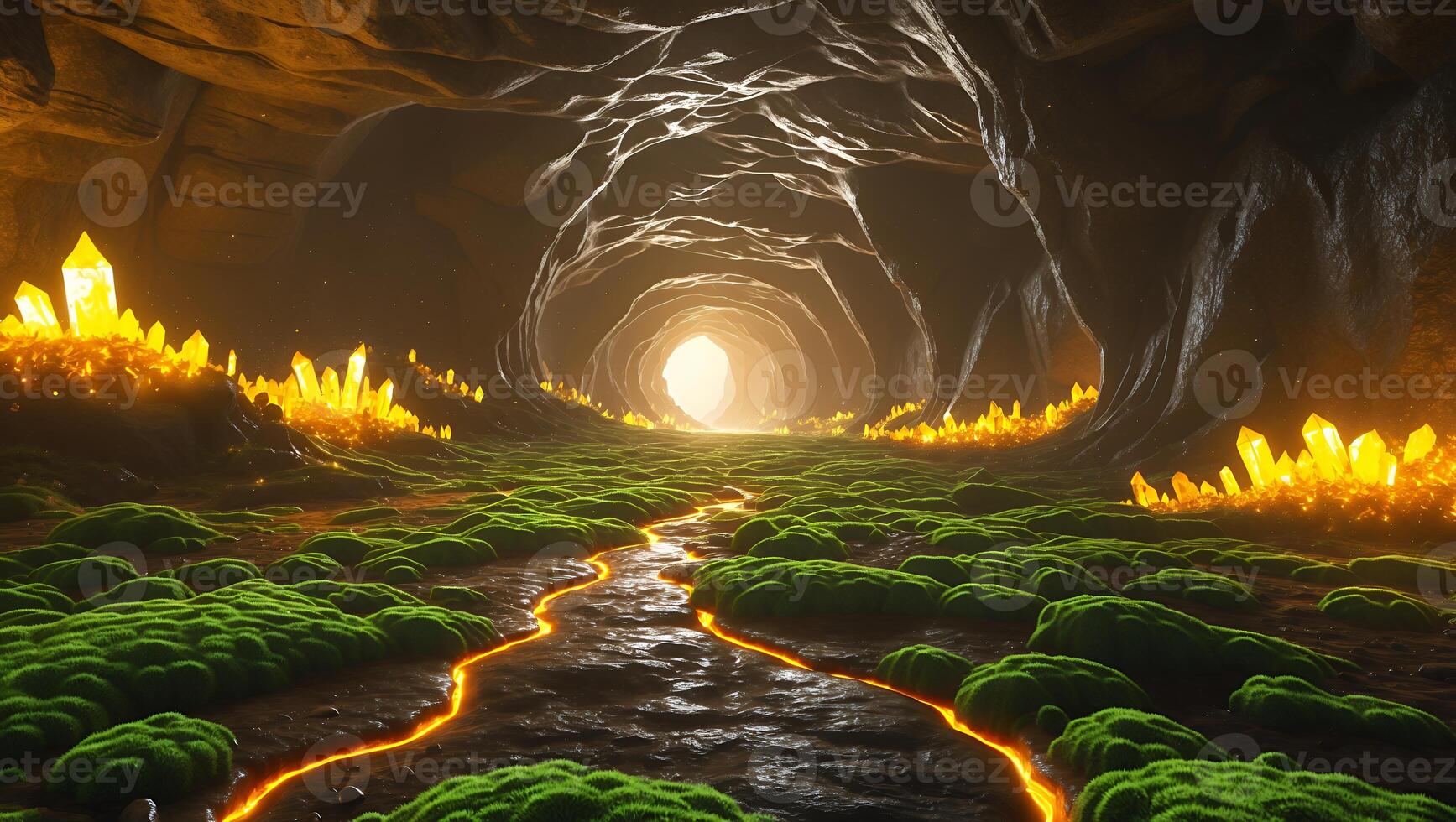 Exploring Underground Cave with Glowing Crystals and Mossy Floor Path photo