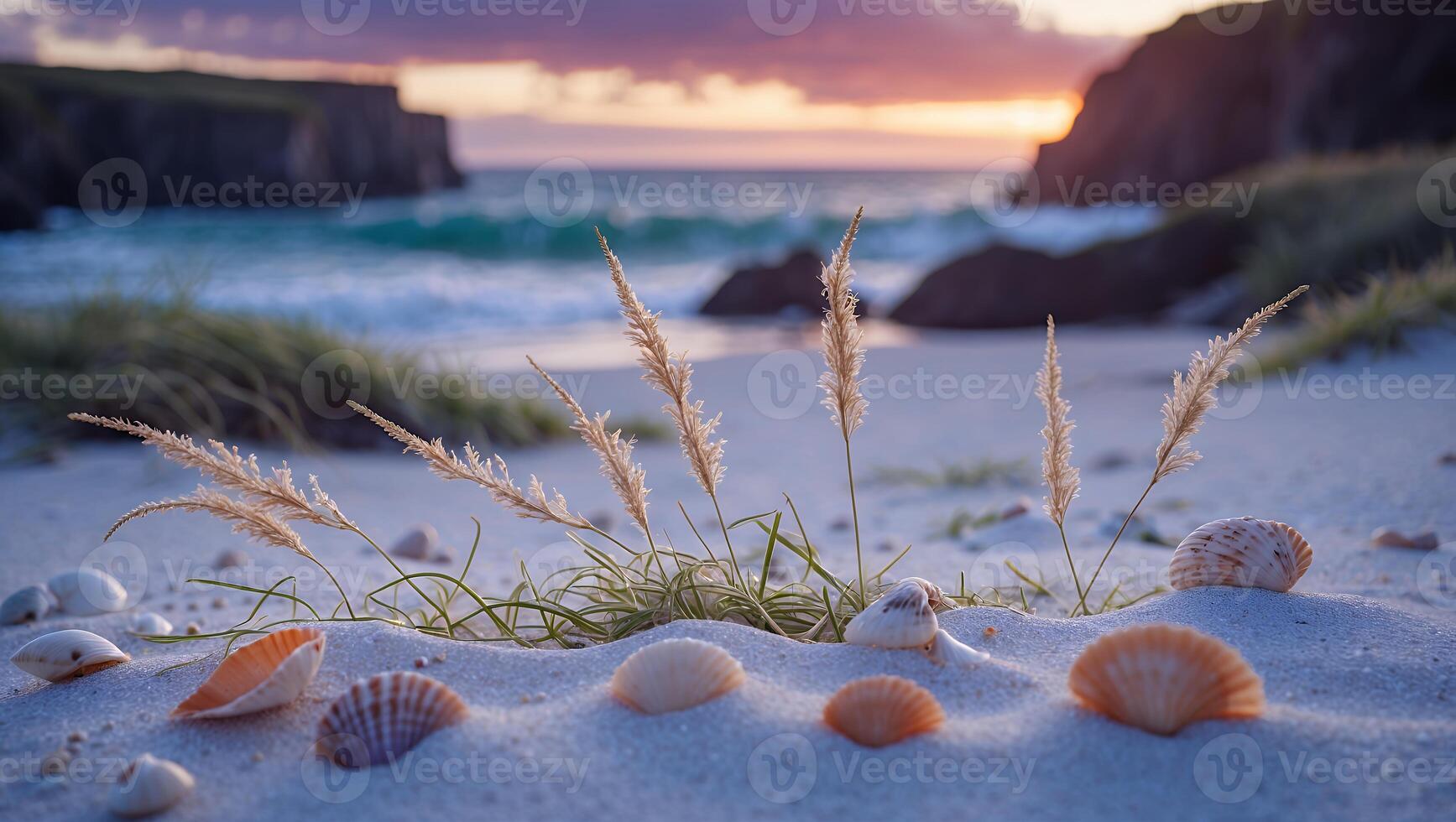 Seashells and Beach Grass at Sunset by the Ocean Shore photo