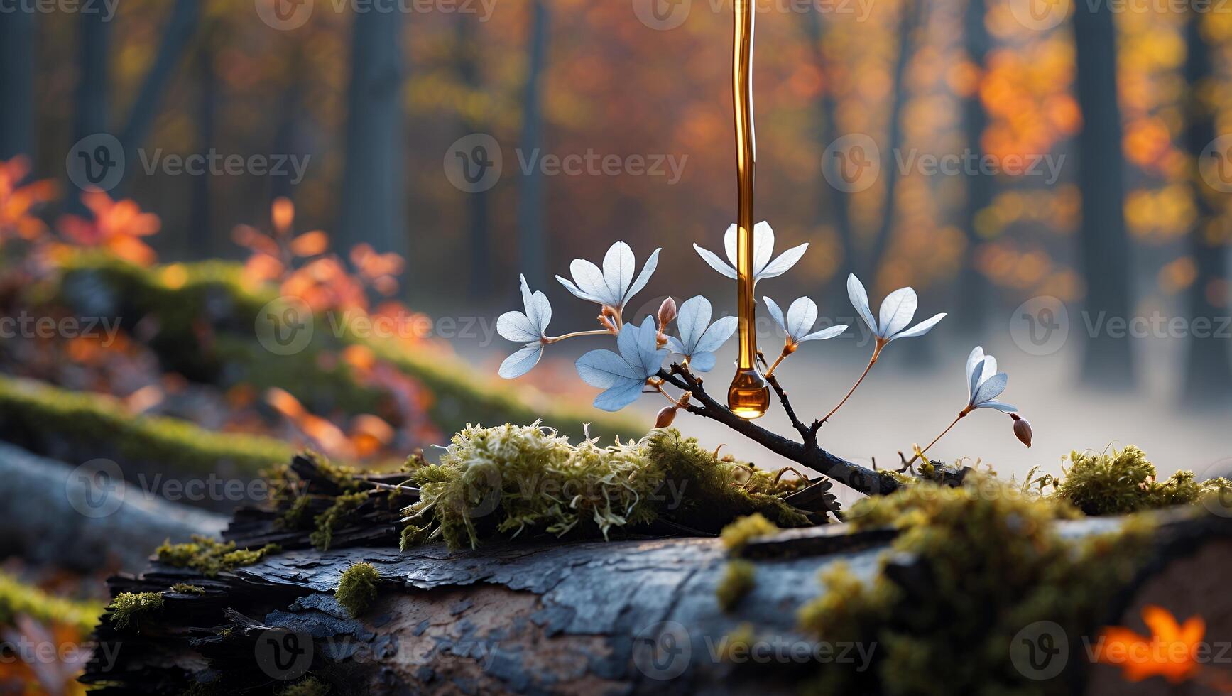 Honey Drip on Wildflower in Autumn Forest Scene with Mossy Log photo