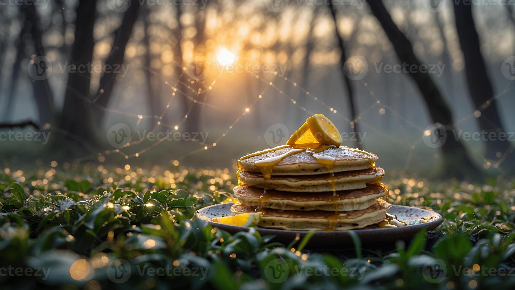 Stack of Pancakes with Lemon in Foggy Forest at Sunrise photo
