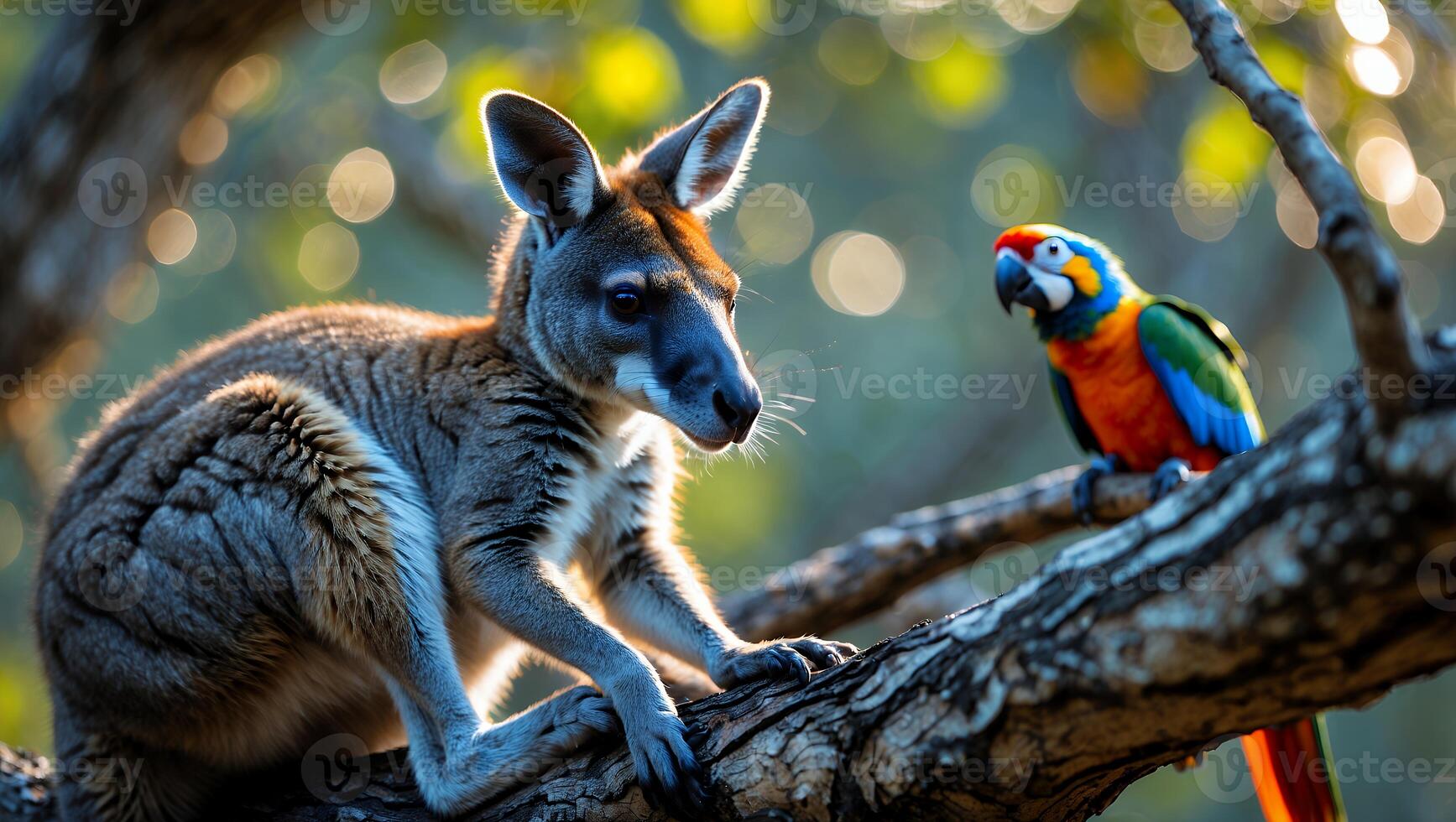 Wallaby and Parrot Perched on a Branch Amidst Natural Setting photo