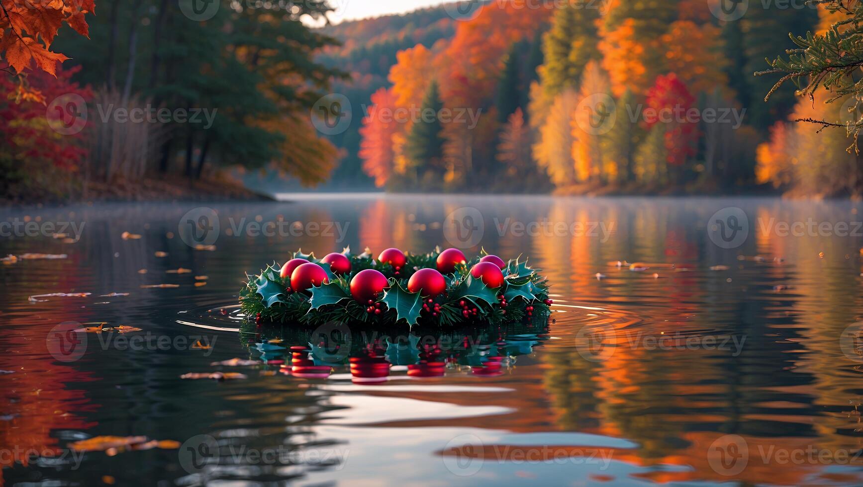Festive Holiday Wreath Floating on Lake Water with Autumn Foliage photo