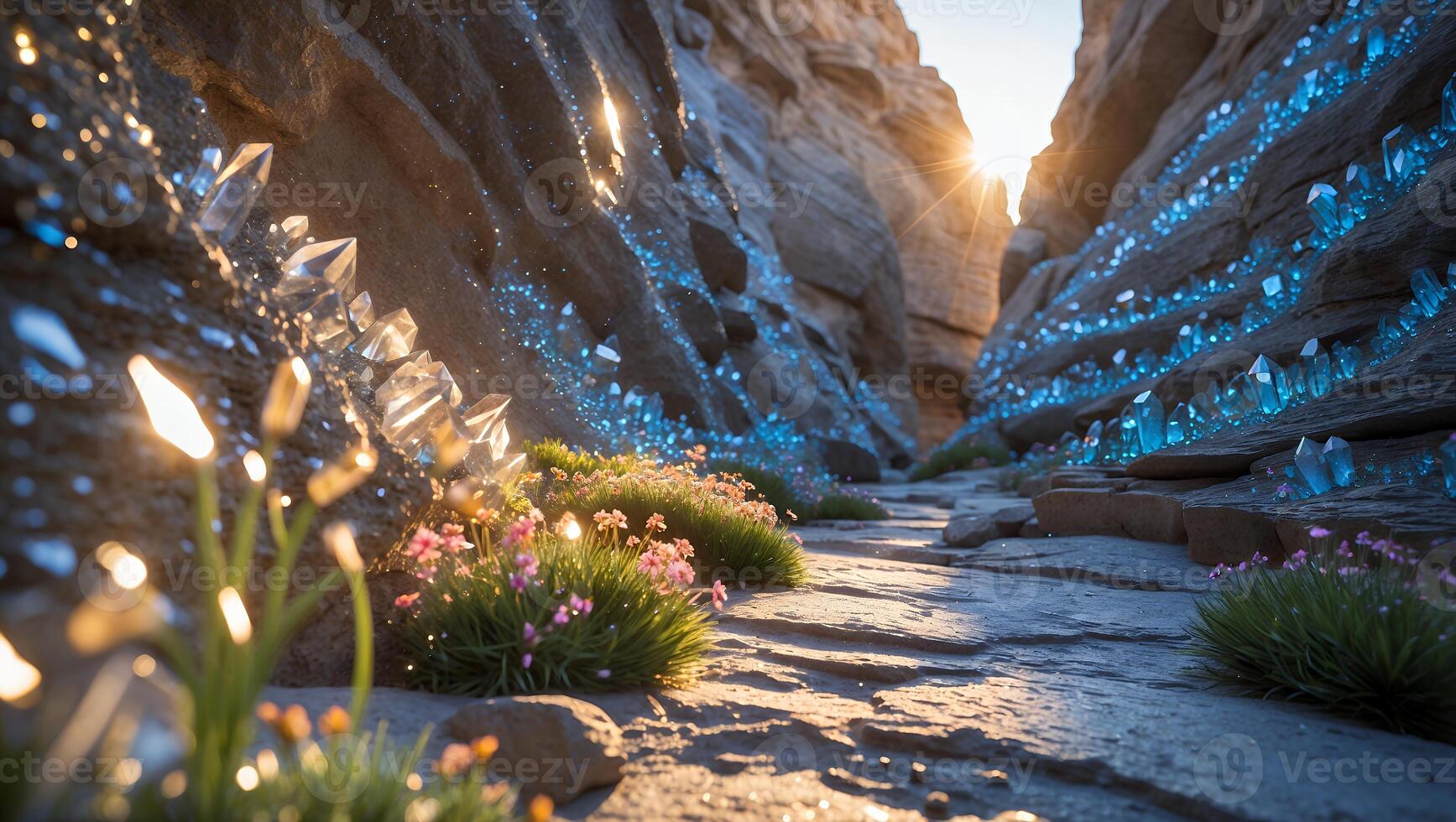 Walking Through Canyon Path with Crystals and Pink Flowers at Sunset photo