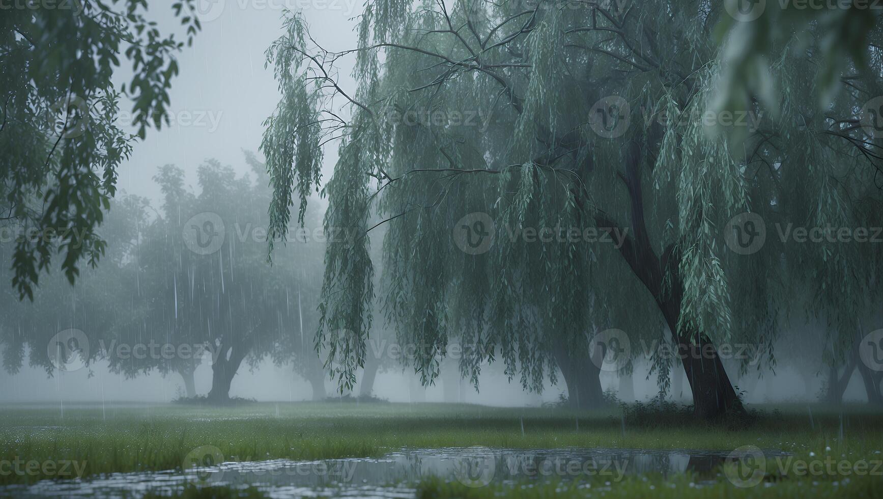 Willow Trees in Foggy Meadow with Puddles During a Rainstorm photo