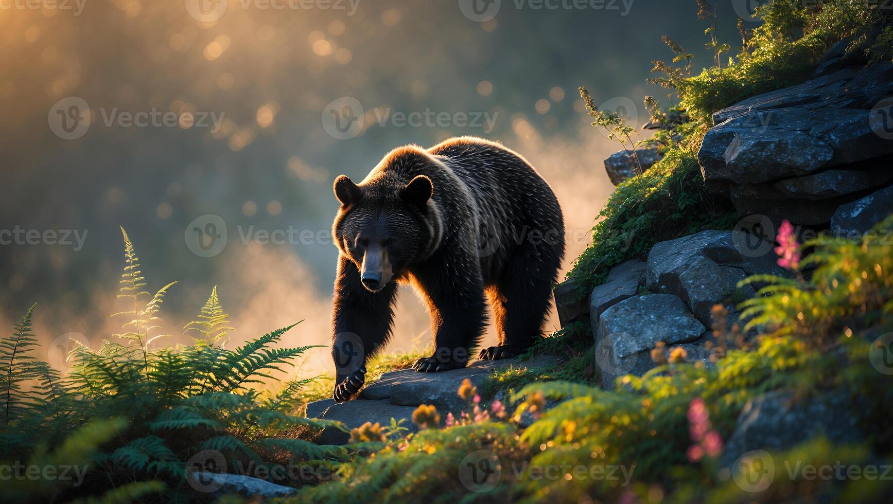 Bear Walking Down Rocky Hillside in Sunlight Through Hazy Forest photo