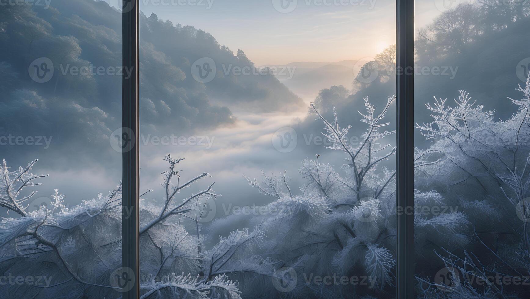 Viewing Misty Valley Landscape From Window with Frosted Branches photo