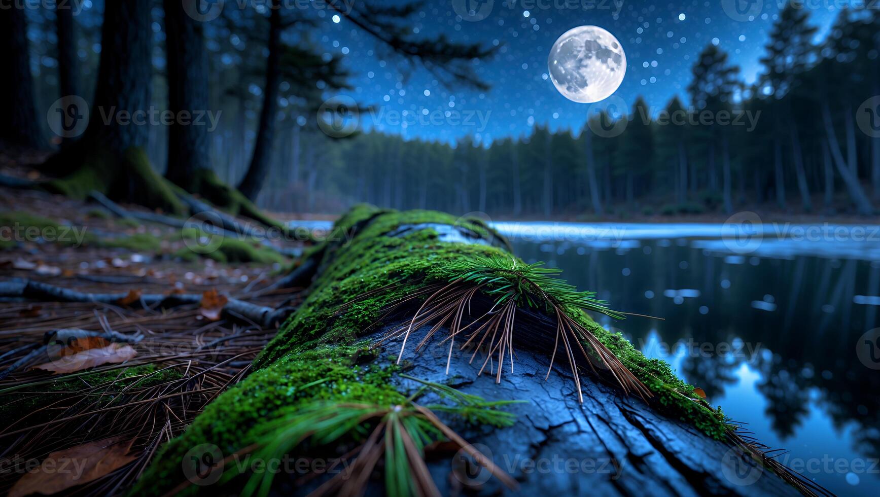 Mossy Log by Lake at Night Under a Starry Sky with Moon photo