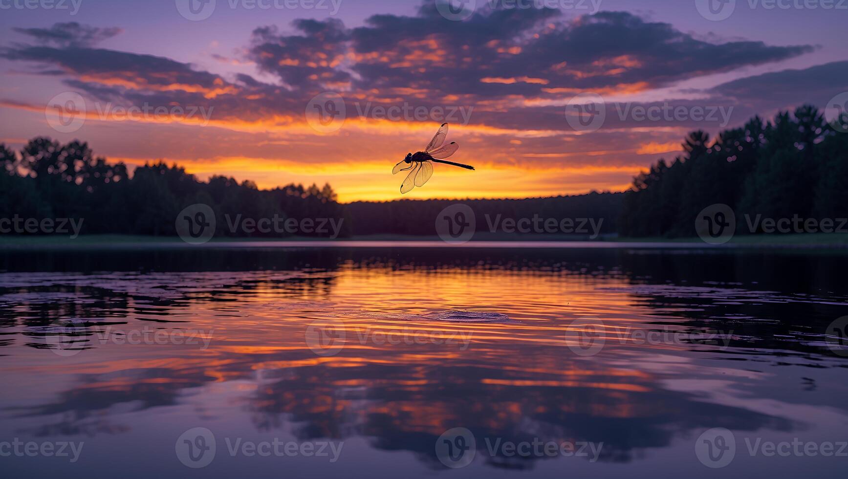 Dragonfly Flying Over Lake at Sunset with Colorful Sky Reflection photo