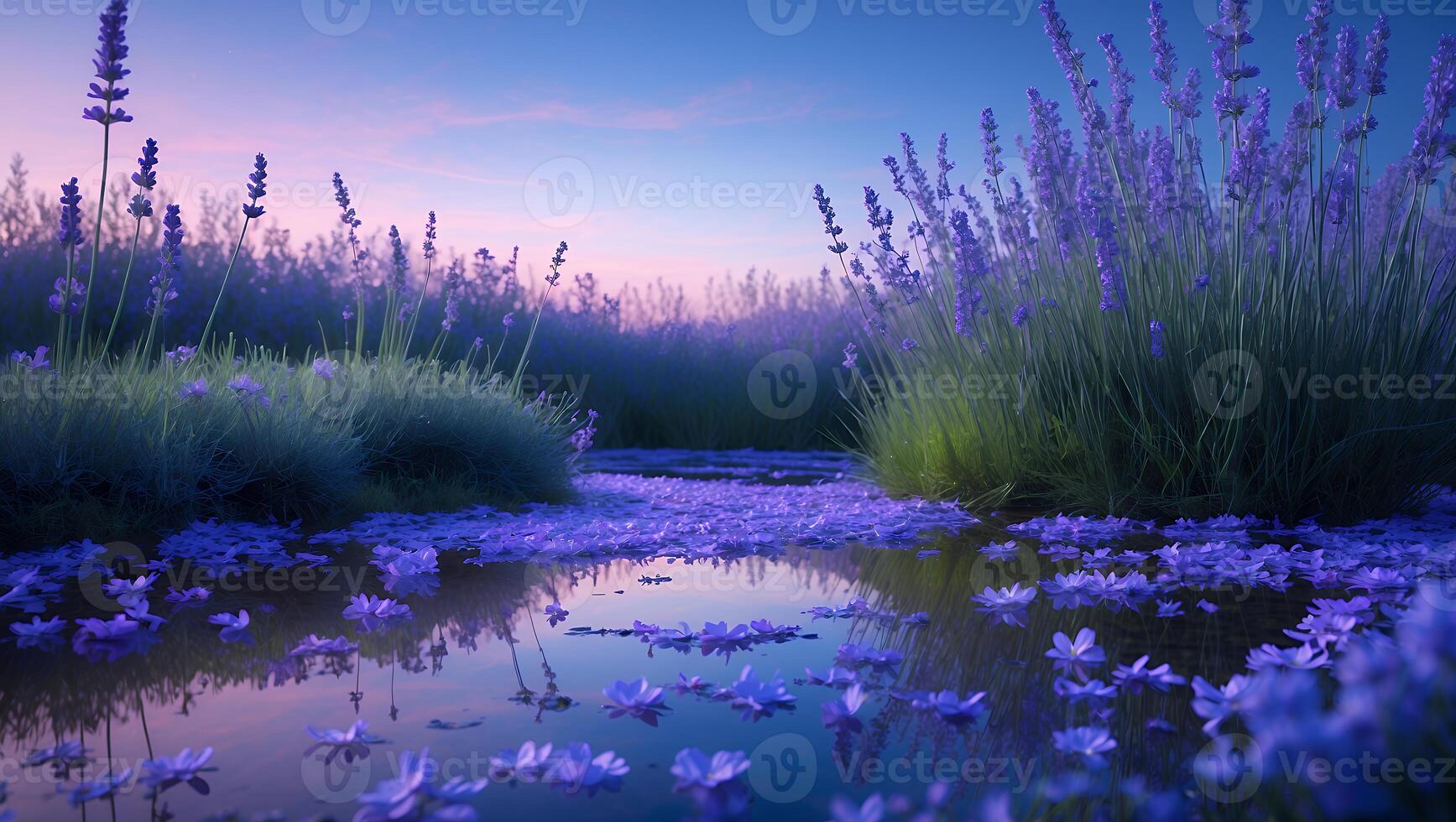 Lavender Field Reflecting Sunset Sky in Water with Fallen Blossoms photo
