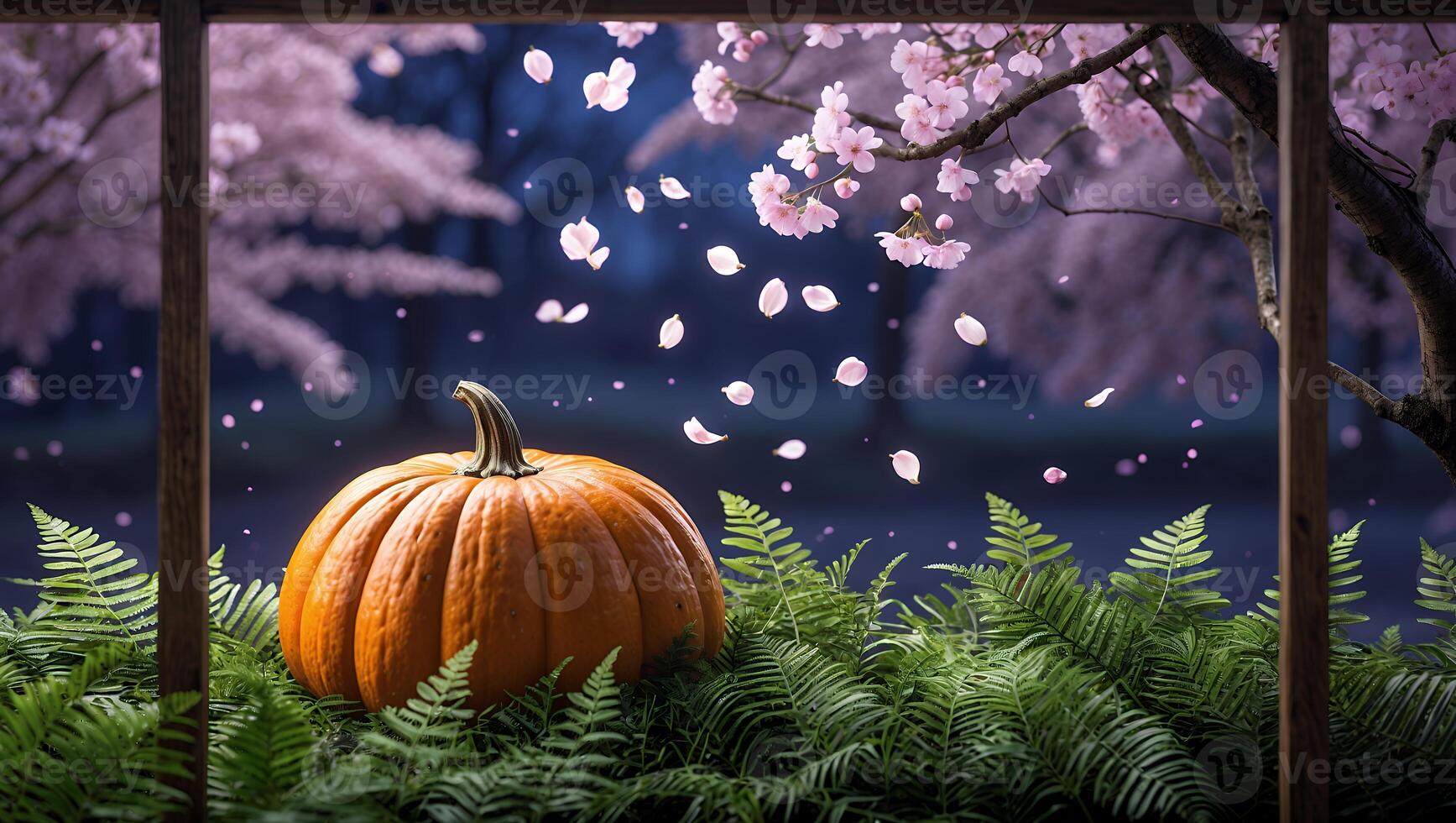 Pumpkin Resting on Ferns with Cherry Blossom Backdrop and Wooden Frame photo