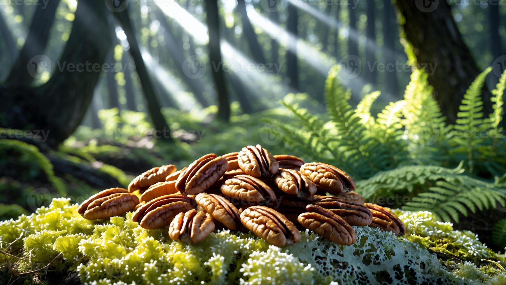 Pecan Nuts Pile in Forest with Sunlight and Mossy Ground photo