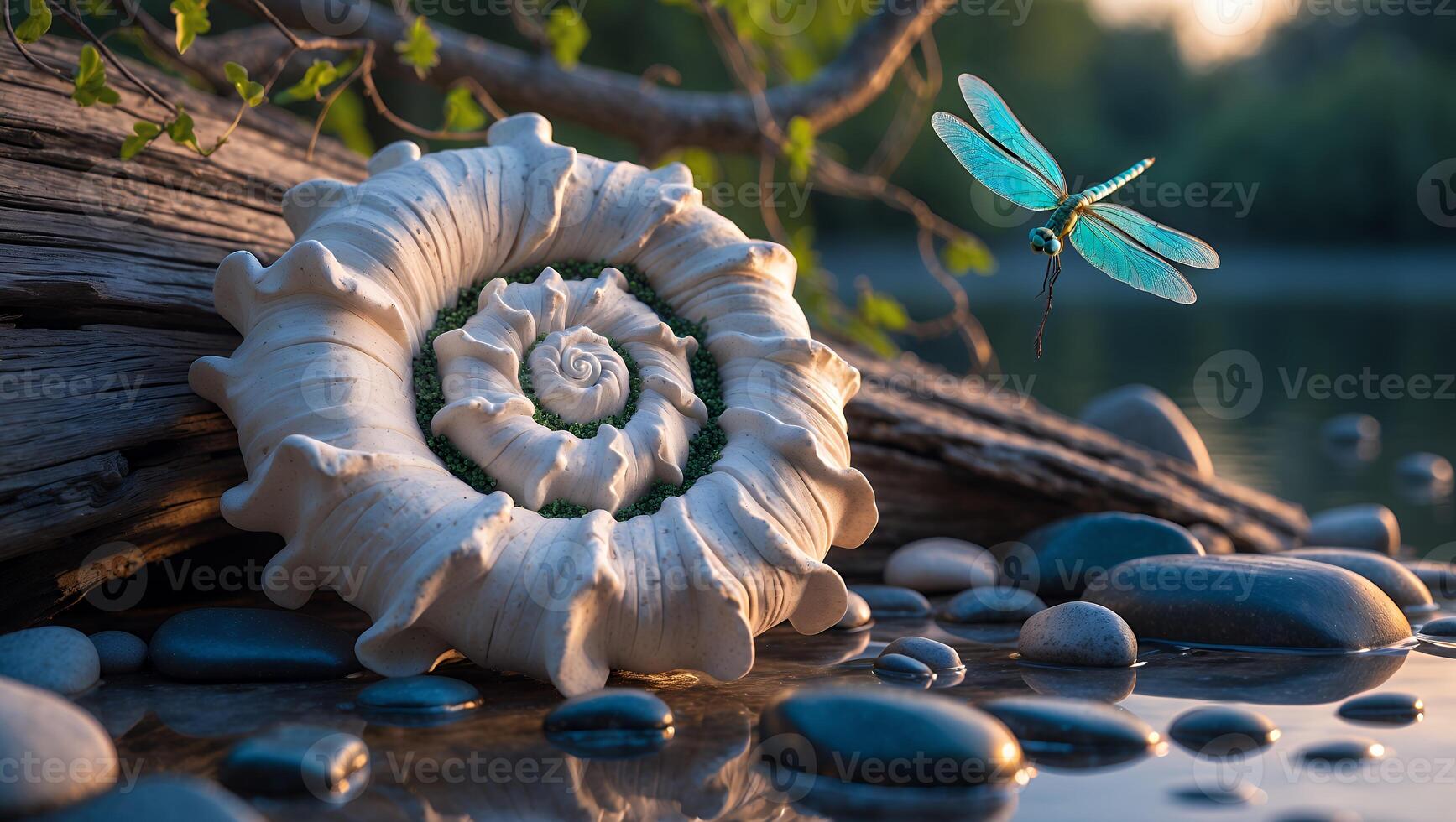 Seashell Spiral and Dragonfly Near Lakeside Rocks at Golden Hour photo