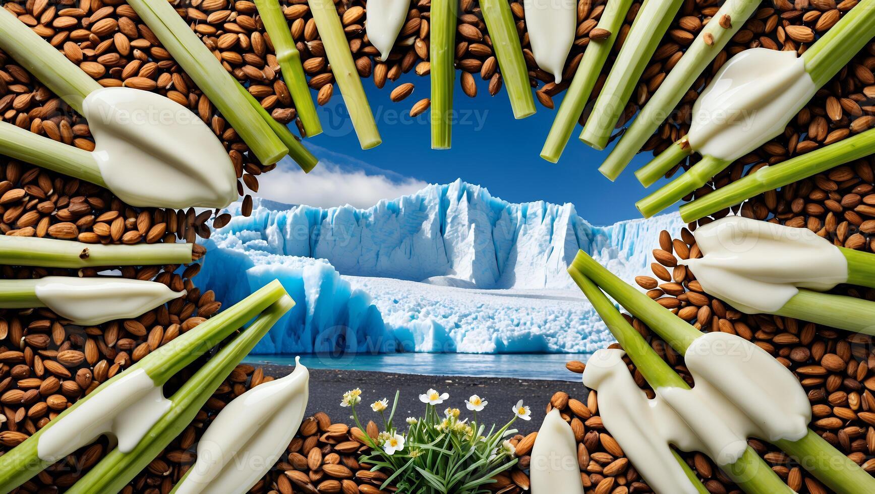 Celery Sticks with Creamy Dip and Almonds Against Glacier Backdrop photo