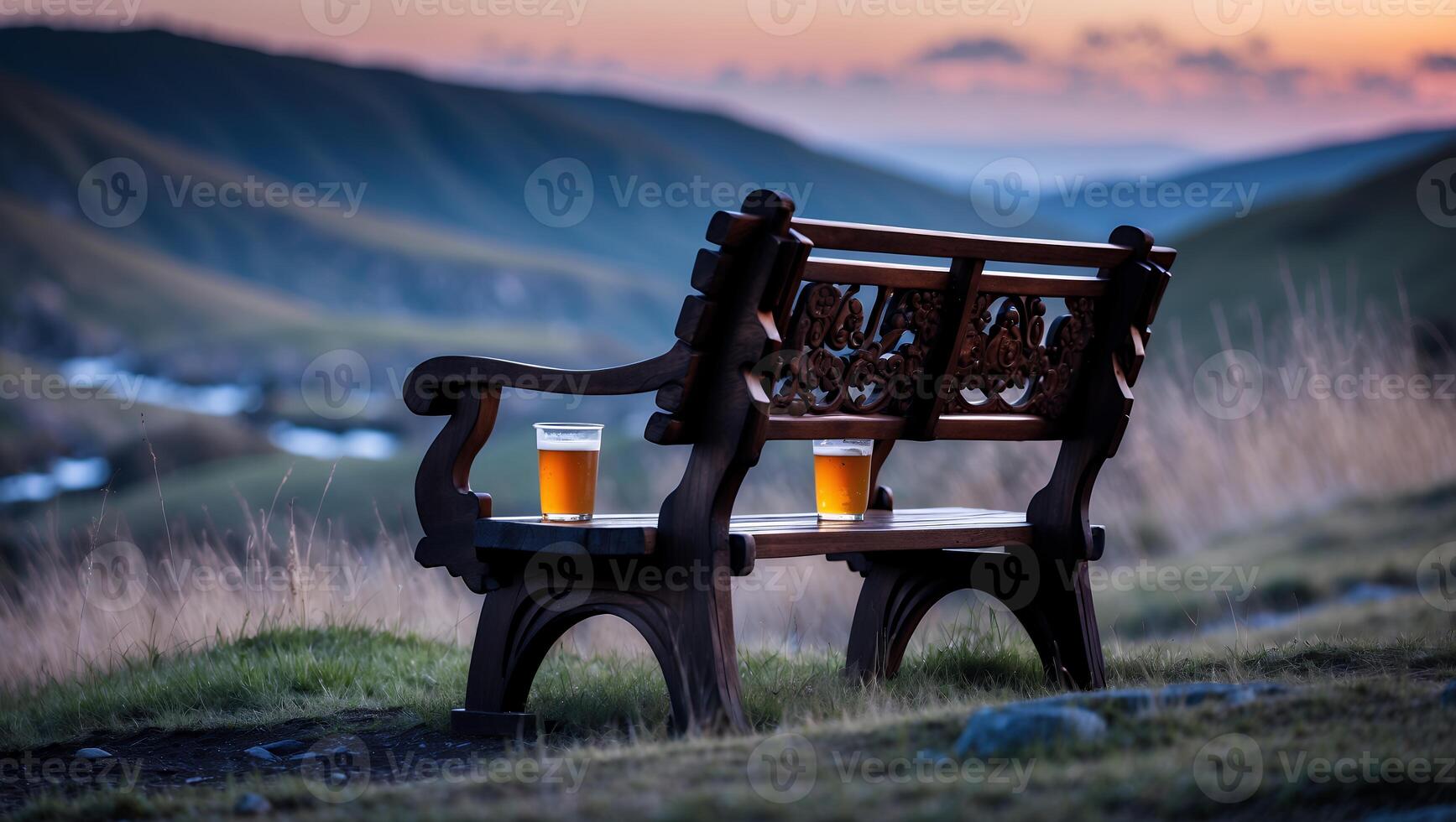 Bench with Beverages Overlooking Mountain Landscape at Sunset, Relaxing View photo