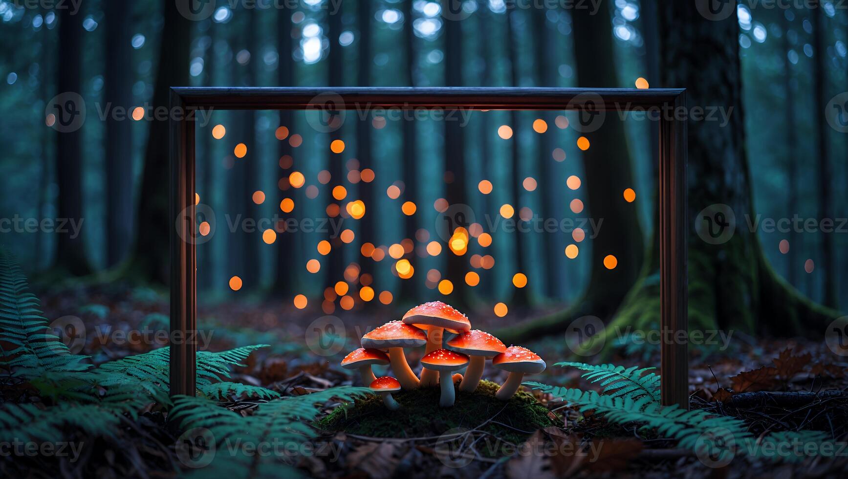 Mushroom Cluster in Frame Forest Scene with Magical Light Effect photo
