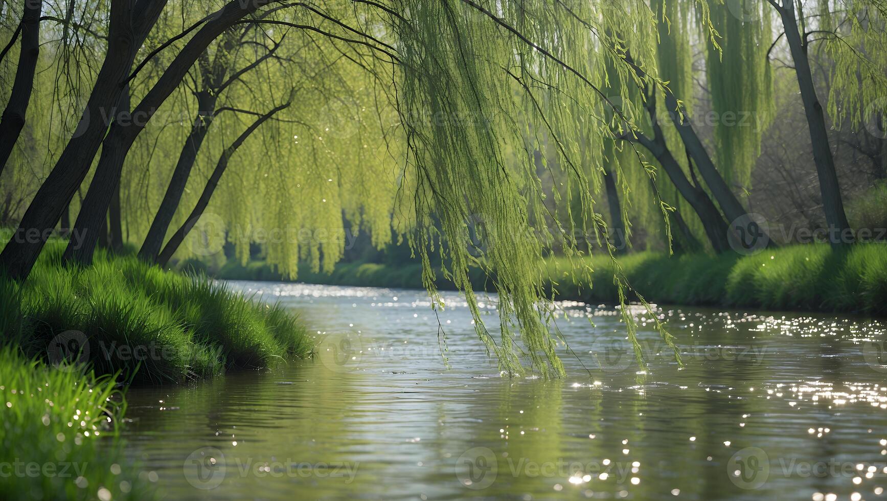 Calm River Flowing Through Green Willow Trees in Springtime photo