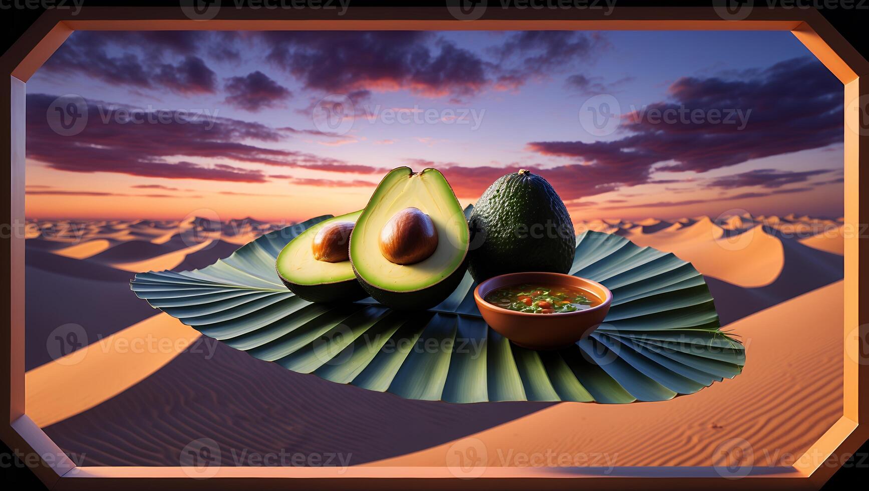 Avocado and Dip on Leaf Against a Desert Sunset Backdrop photo