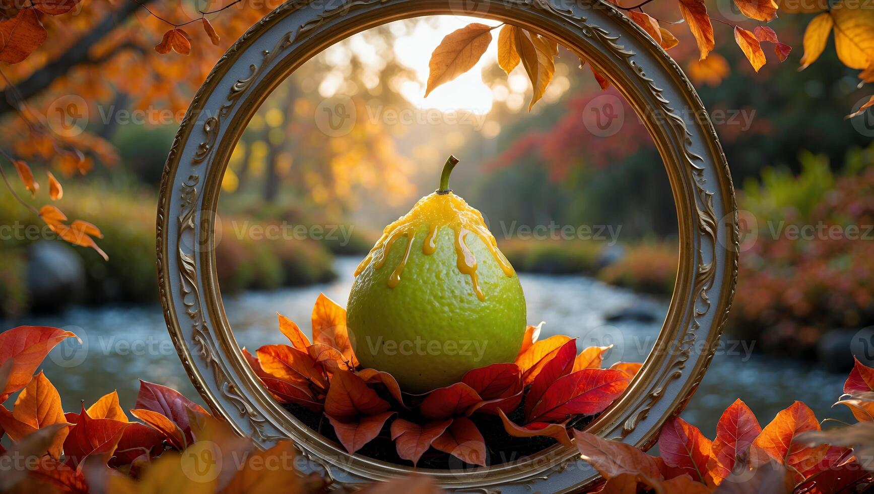Pear with Drizzle in Autumn Frame by River at Sunset photo