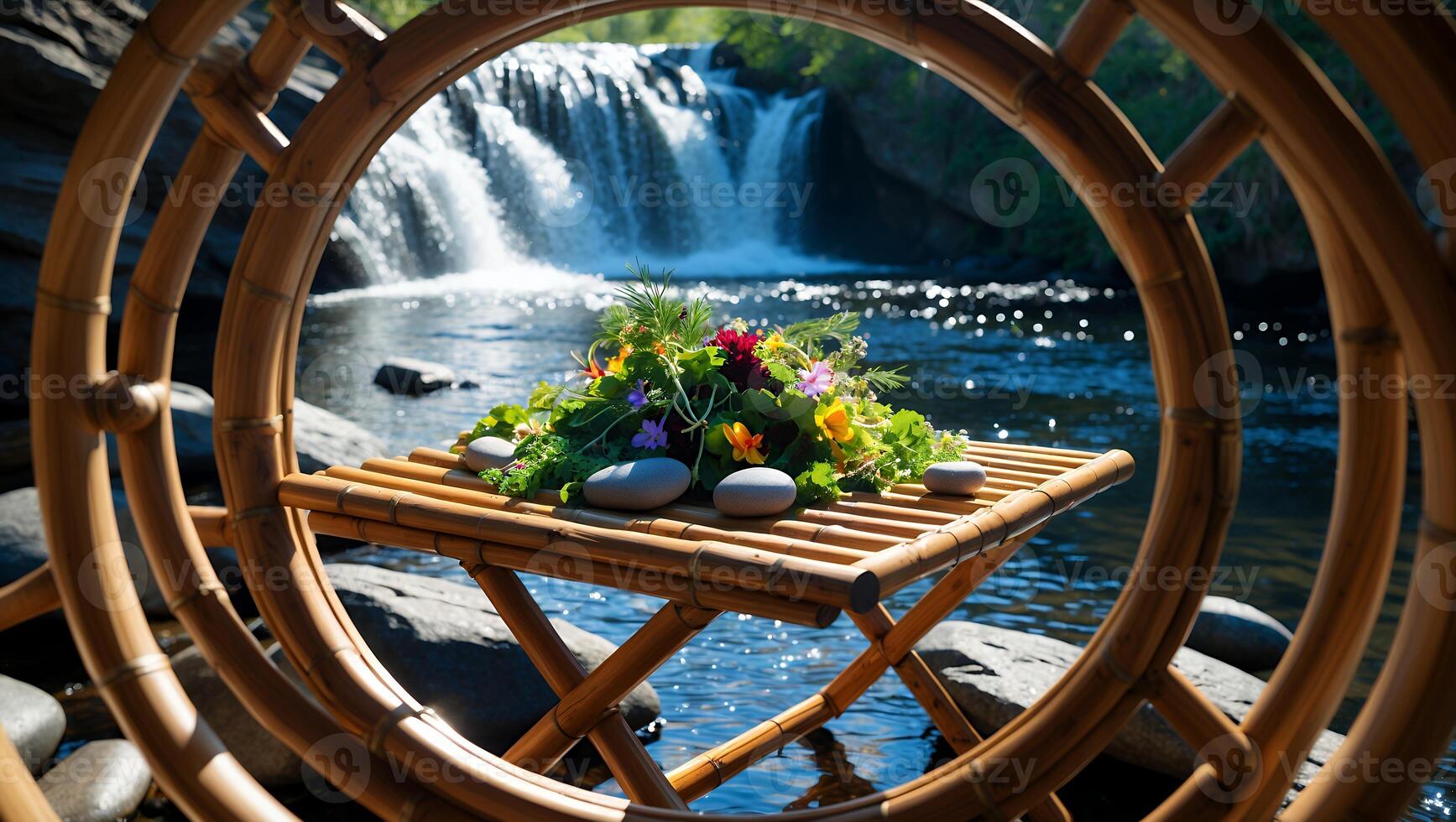 Zen Garden Table with Flowers and Rocks Overlooking Waterfall photo