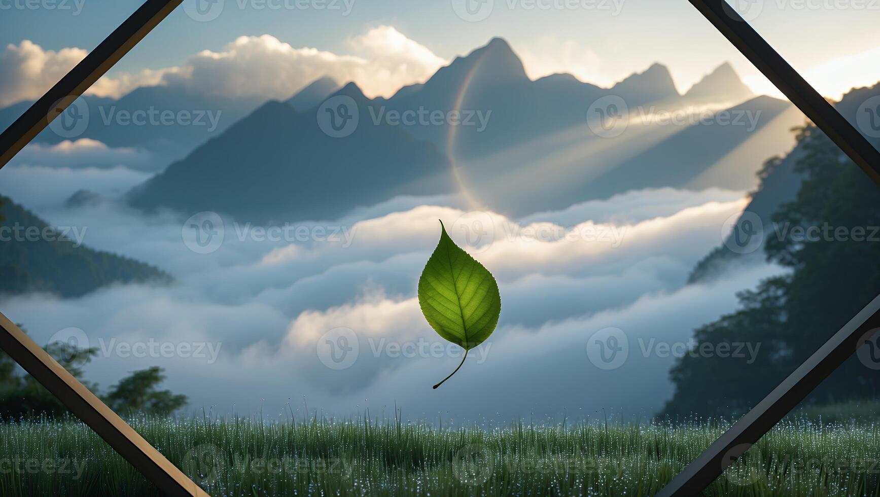 Green Leaf Floating with Mountain and Fog View Through Frame photo
