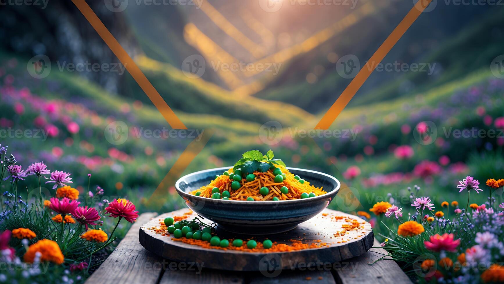 Bowl of Noodles and Peas on Wooden Board Amidst Blooming Flowers photo