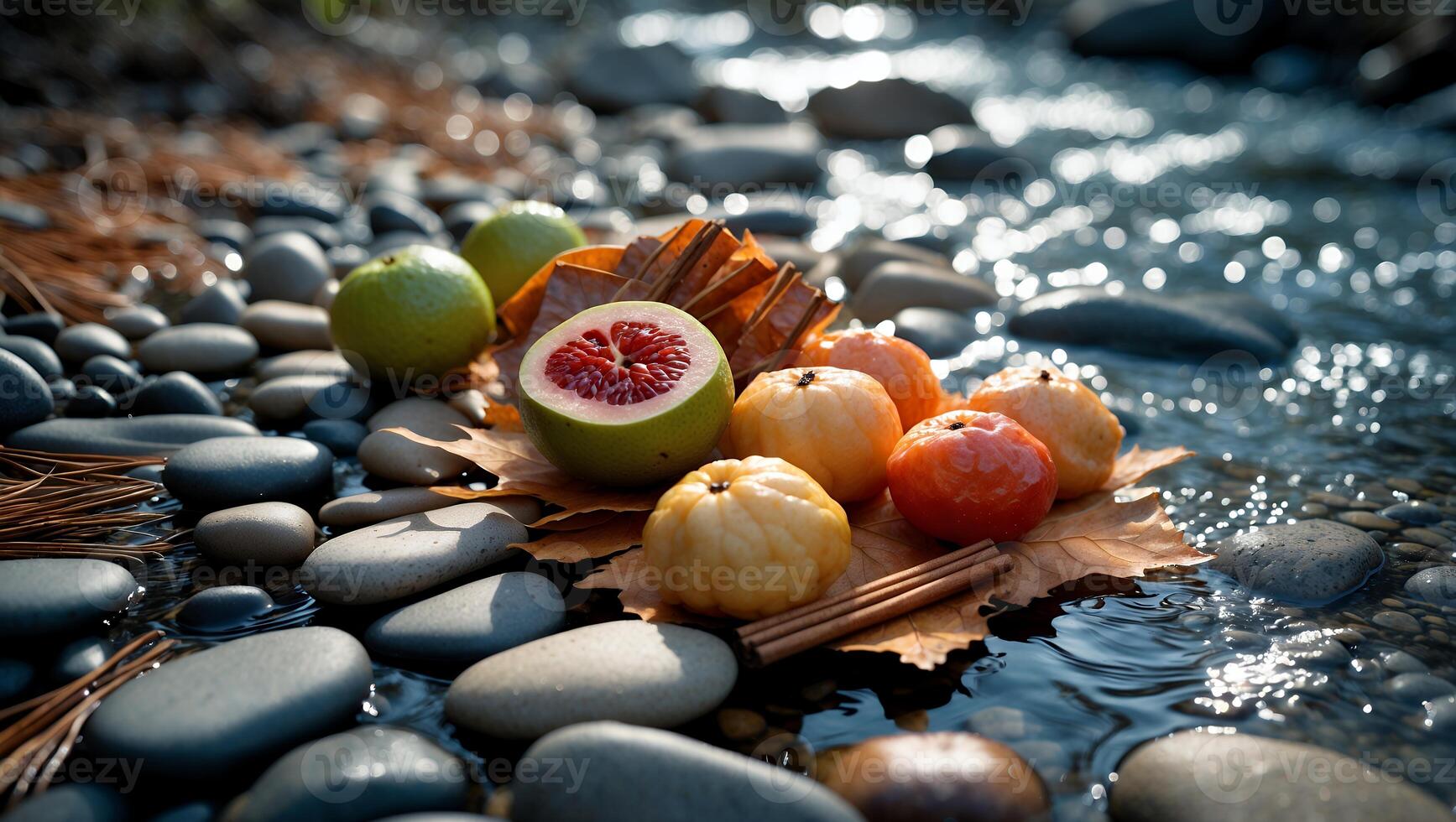 Citrus Fruits with Cinnamon Sticks on River Rocks and Leaf photo