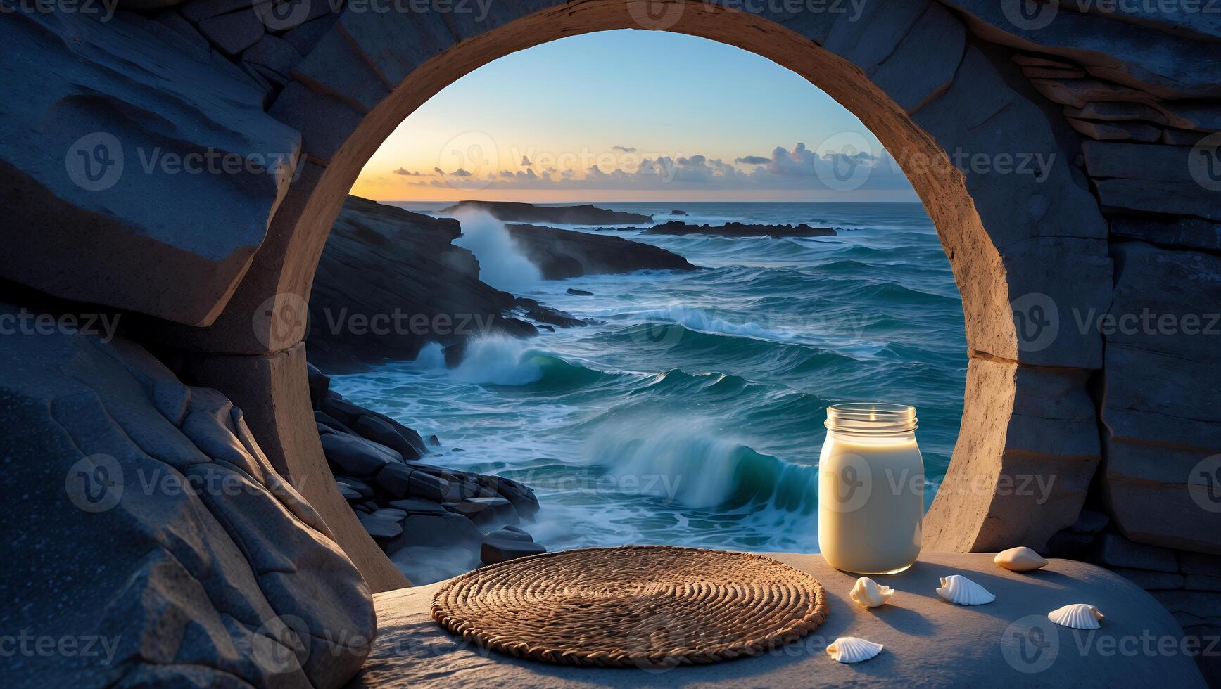 Seascape View Through Stone Arch with Candle and Seashells Still Life photo