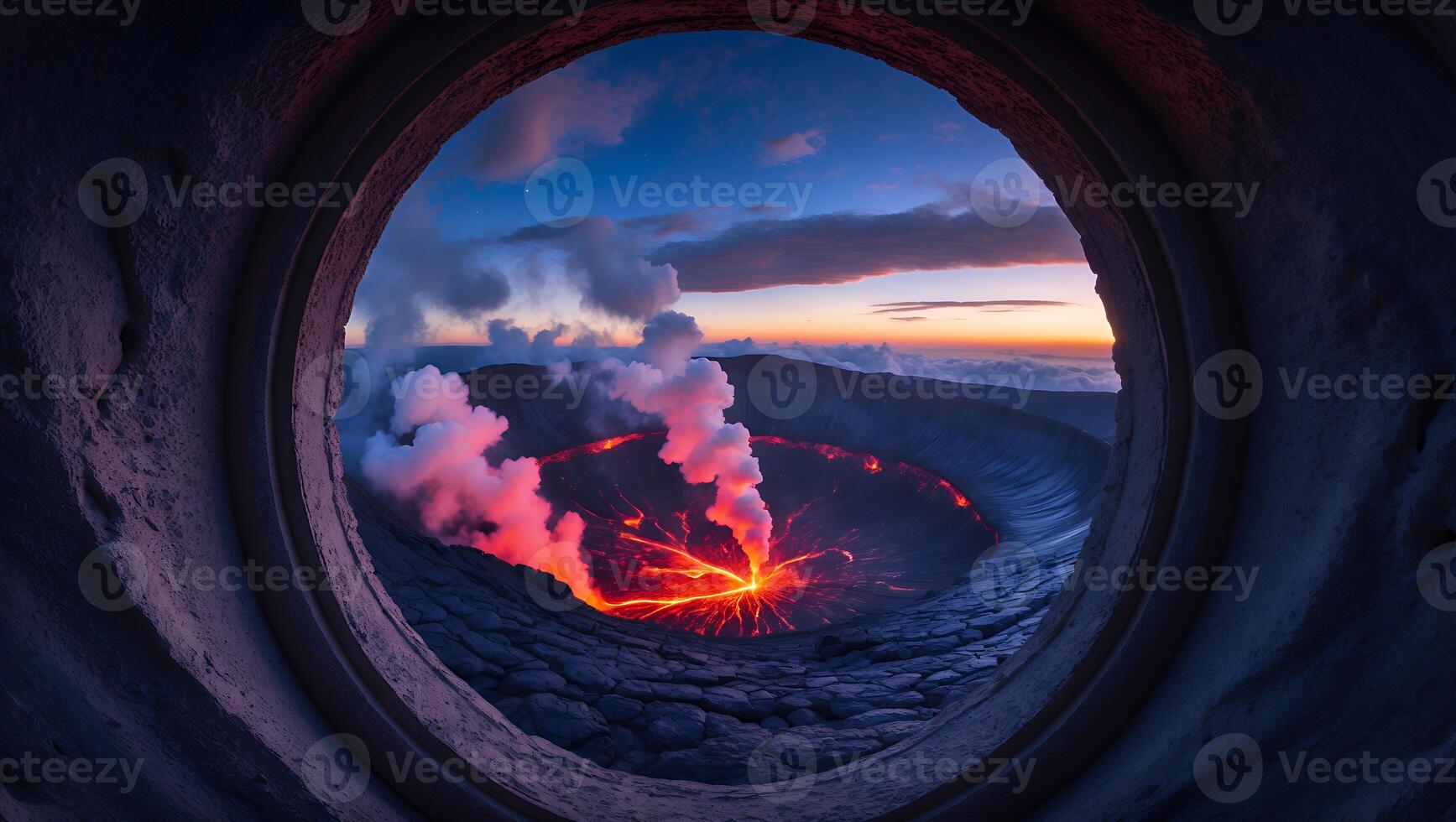 Volcanic Crater Erupting with Lava and Smoke at Dramatic Sunrise photo
