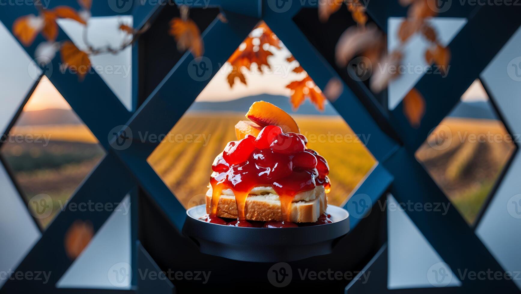 Cake with Fruit and Glaze on Plate Farm Landscape Backdrop photo