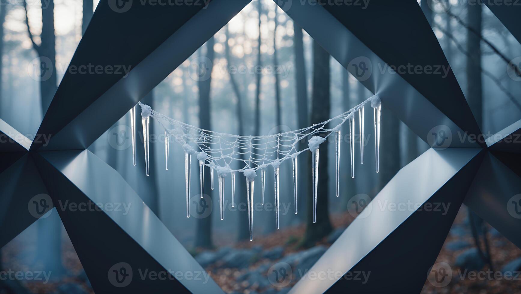 Icicles Hanging on Net with Forest Background and Geometric Structure photo