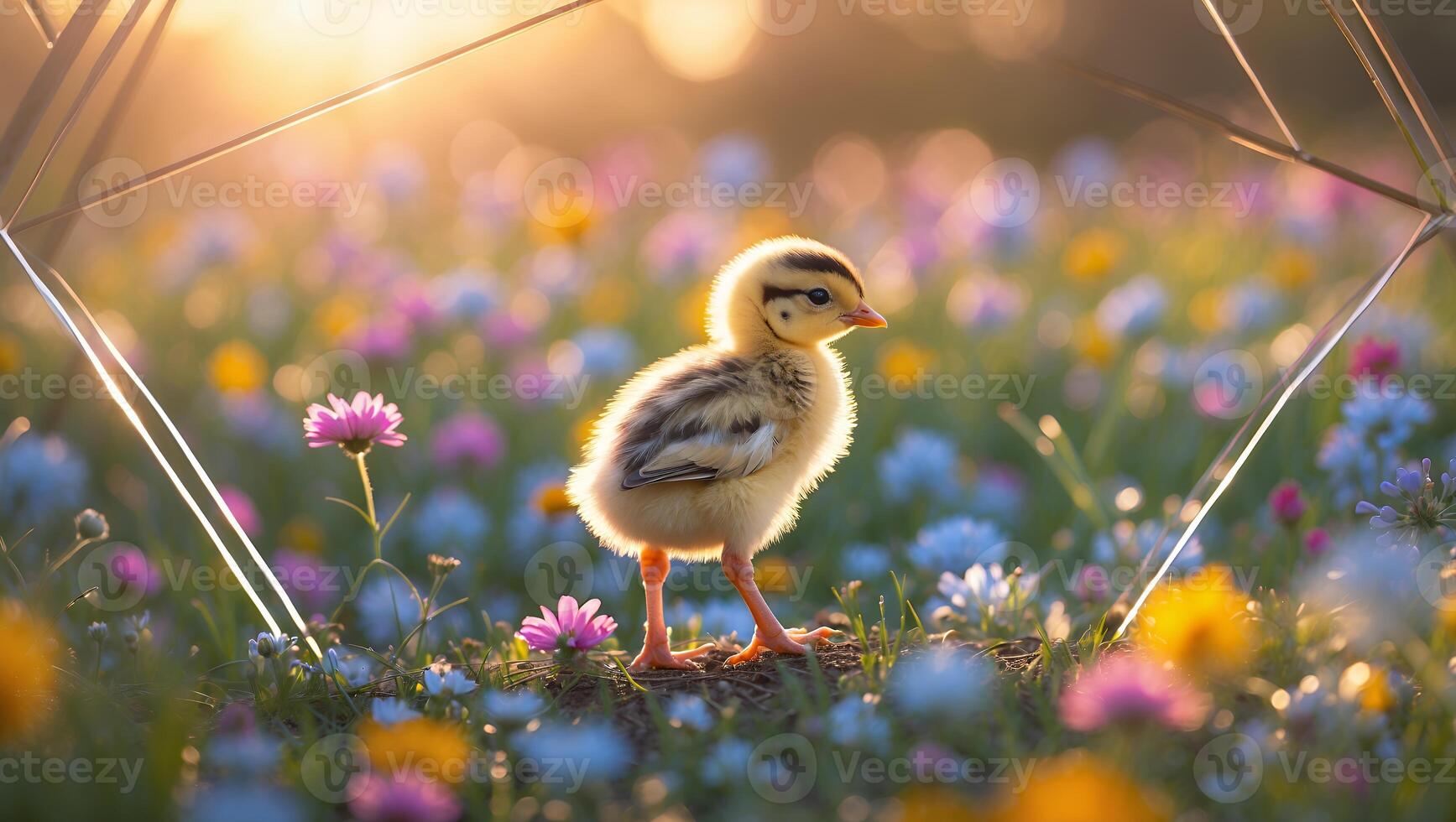 Small Chick Standing in a Meadow of Colorful Flowers at Sunset photo