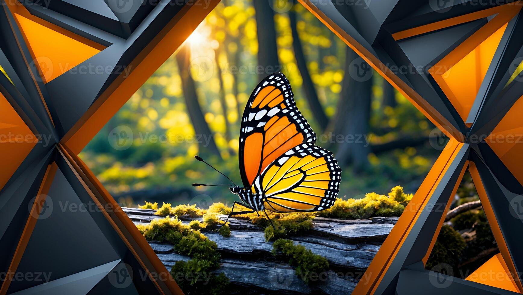 Resting Butterfly on Log with Moss and Geometric Frame in Forest photo