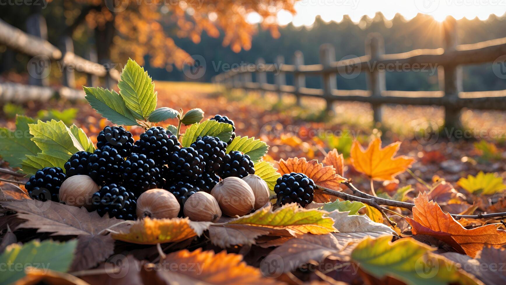 Blackberries and Hazelnuts on Fallen Autumn Leaves in Sunlight photo