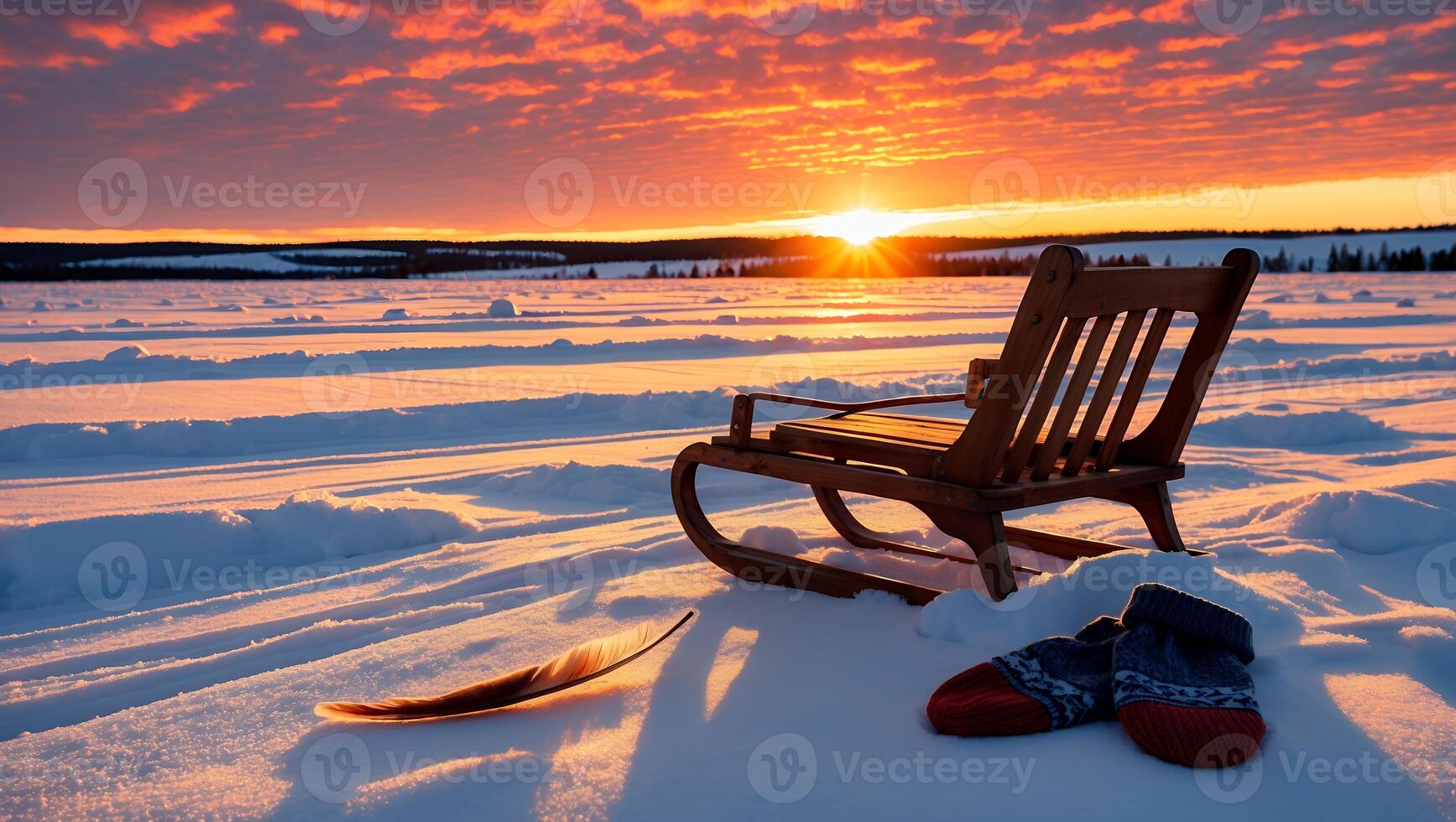 Sled in Snow at Sunset with Mittens and Feather Relaxing photo