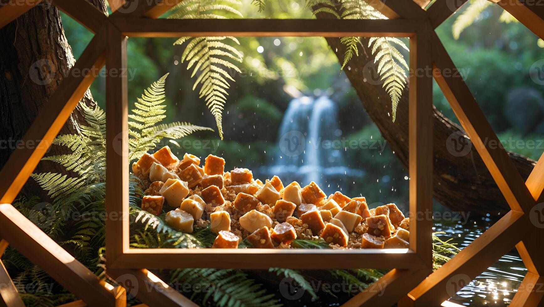Candy Cubes Displayed with Waterfall View Through Wooden Frame photo