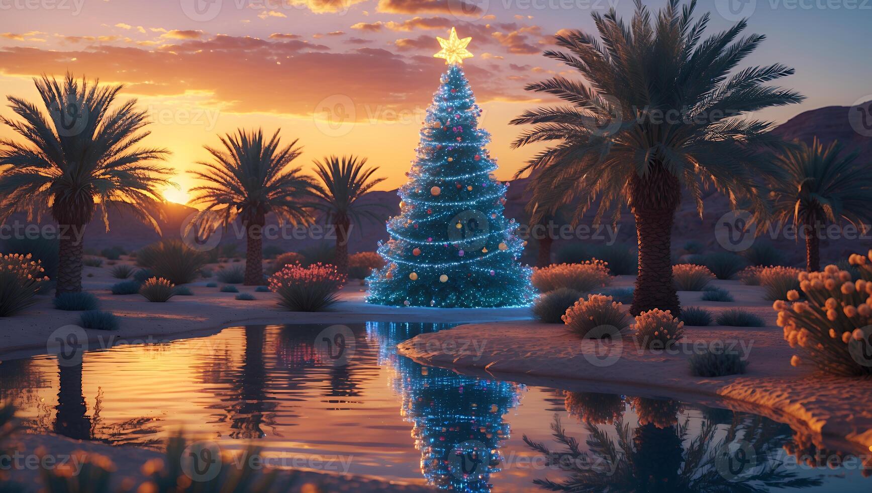 Decorated Christmas Tree in Desert Oasis at Sunset Reflecting in Water photo