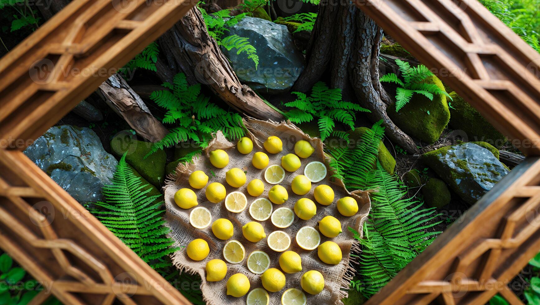 Lemons Display on Burlap with Forest Background and Wood Frame photo
