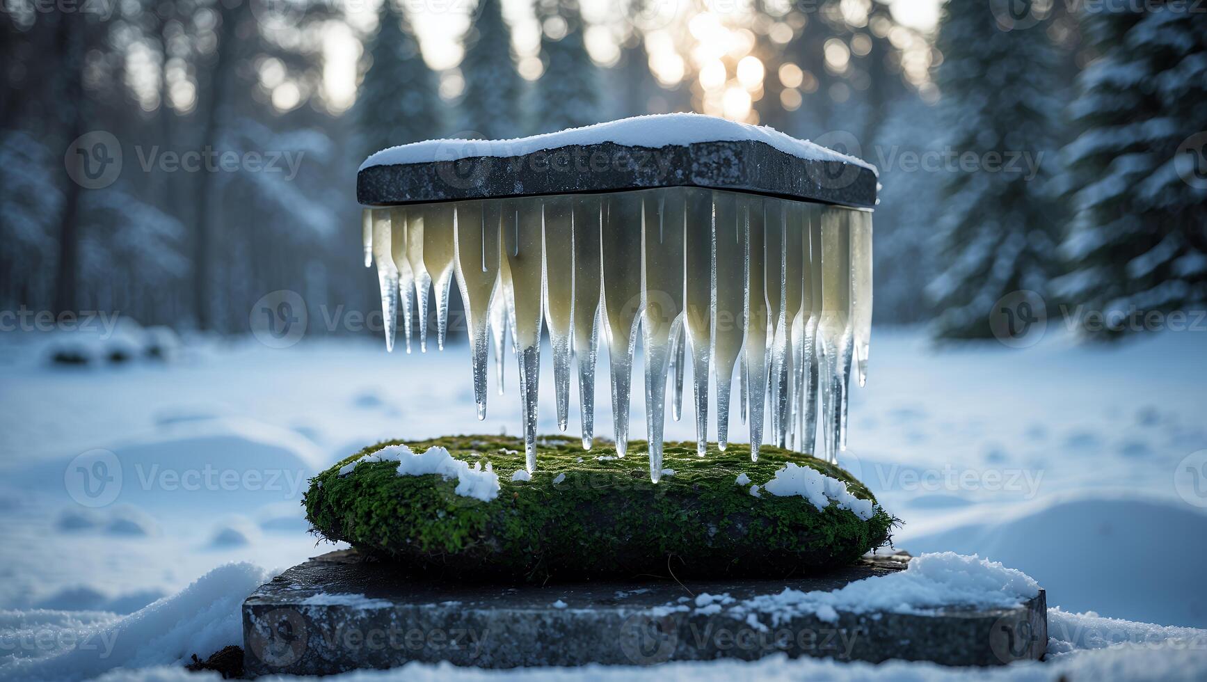 Icing Over Stone Formation in Snowy Winter Forest Landscape photo