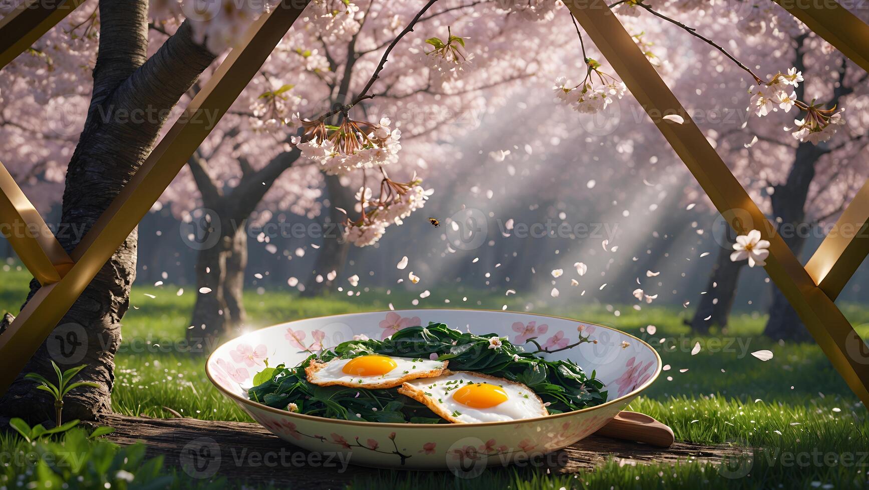 Sunny Side Up Eggs and Spinach in a Spring Cherry Blossom Garden photo