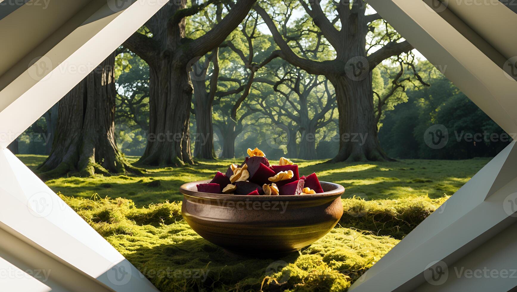 Beet Salad with Walnuts in Bowl Framed by Forest View photo